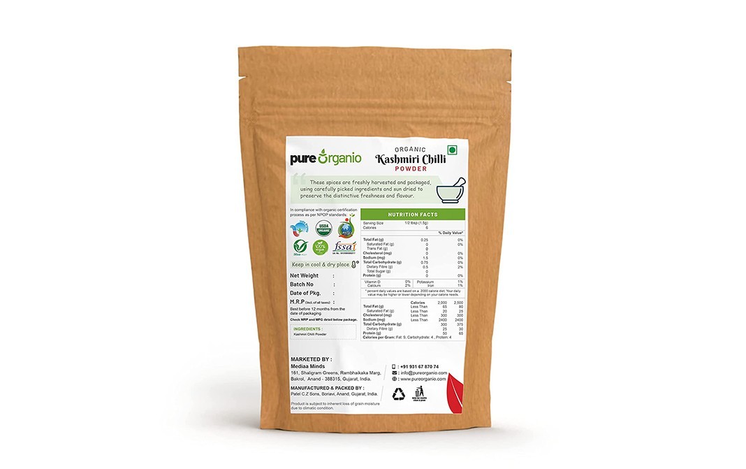 Pure Organio Organic Kashmiri Chilli Powder   Pack  1 kilogram